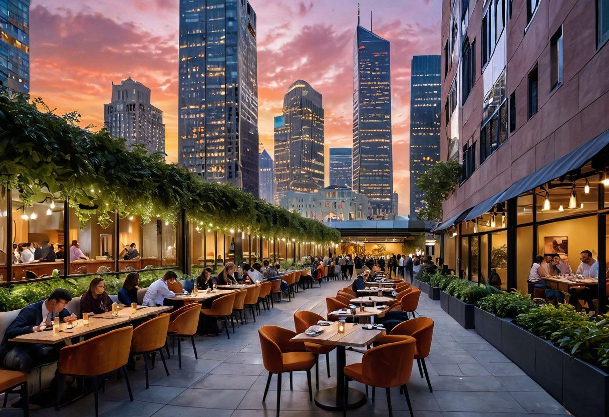 A captivating urban landscape showcasing a contrast between sleek high-end skyscrapers and inviting cozy cafes with outdoor seating. Incorporate vibrant greenery and colorful street art to depict an engaging atmosphere. Include diverse people enjoying both the plush luxury and the warm, community vibe. The skyline glows at sunset, merging luxury with comfort. super-realistic. vibrant colors.