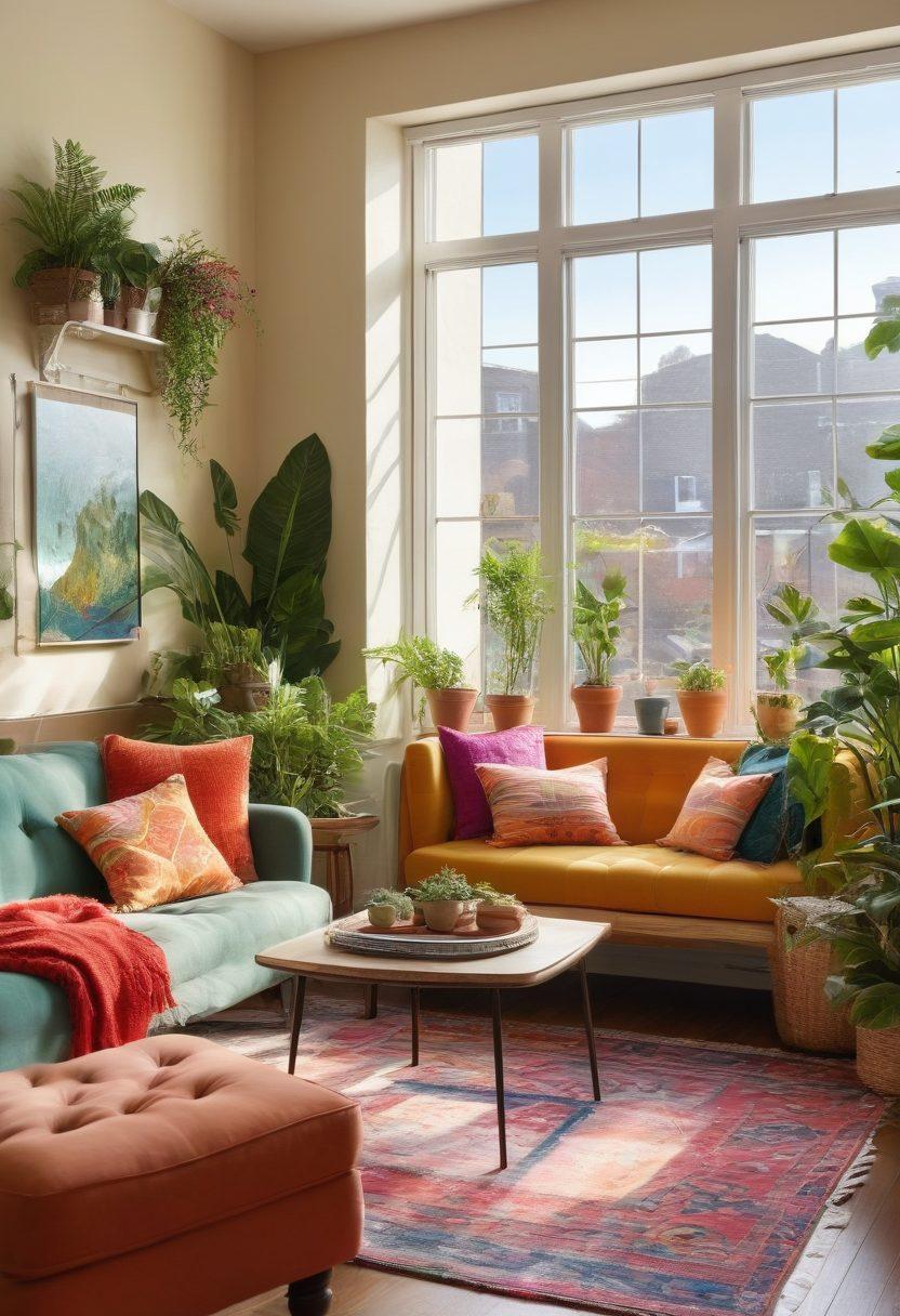 A cozy urban living space with vibrant colors, featuring plants, comfortable furniture, and cheerful artwork. Include natural light streaming through large windows, showcasing an inviting atmosphere. Add elements like a budget-friendly decor style, such as thrifted finds and DIY touches, to enhance the cheerful vibe. Capture the feeling of joy and sanctuary in an urban setting. super-realistic. vibrant colors. bright ambiance.